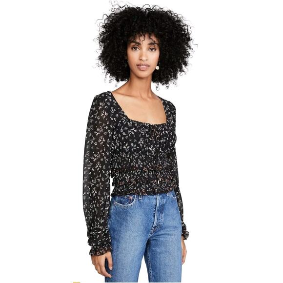 Free People Lolita Womens Long Sleeve Shirt Large Peasant Ruffle Black Floral - Picture 1 of 8